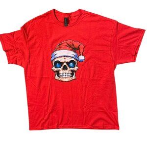 Christmas Themed Skull Graphic Design Gildan Short Sleeve Red Size XL NWT